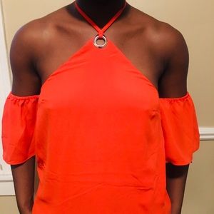 Off the shoulder red sheer tie up blouse